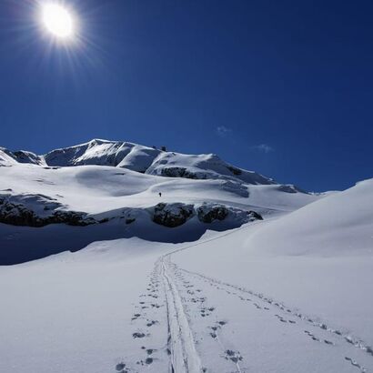 Mountain is covered in snow that glistens in the sunlight